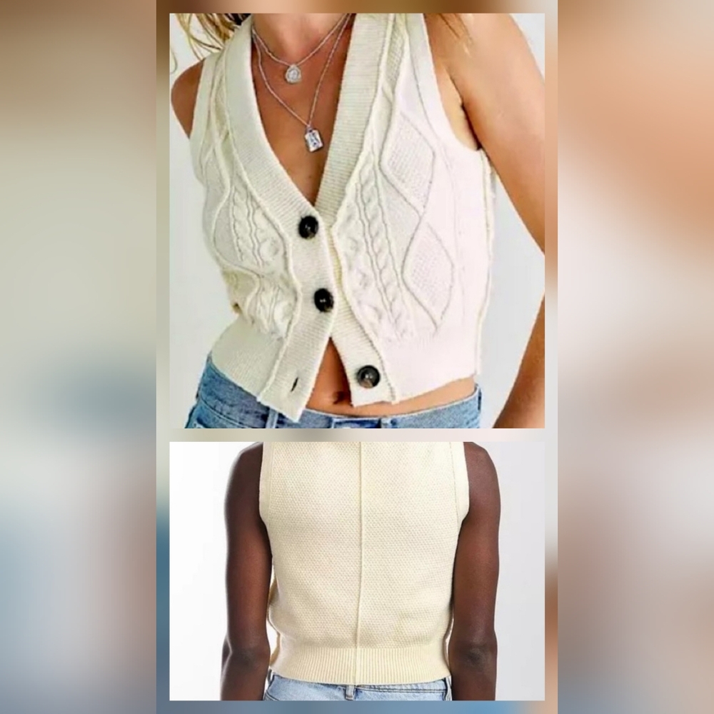 NWOT Free People Denson Cream Cable Cropped V-Neck Sweater Vest - Picture 2 of 16